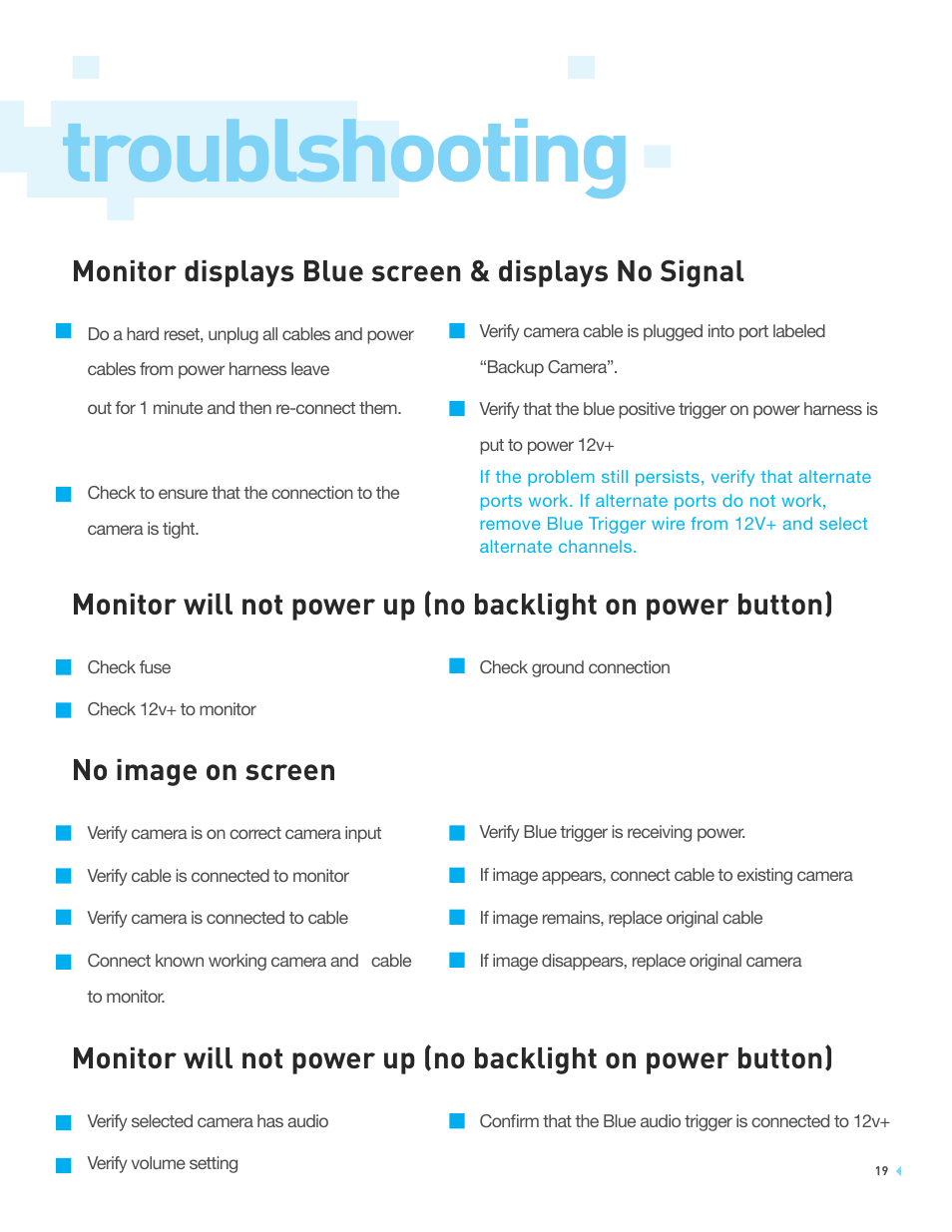 Troublshooting, Monitor displays blue screen & displays no signal, No image on screen | RearviewSafety RVS-7706033 User Manual | Page 19 / 21