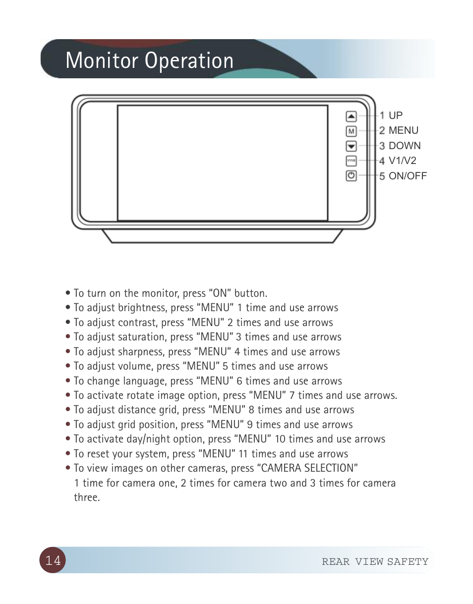 Monitor operation | RearviewSafety RVS-770619N User Manual | Page 14 / 27