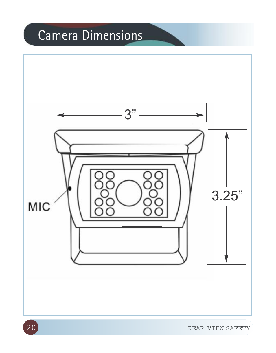 Camera dimensions 3” 3.25 | RearviewSafety RVS-770619N User Manual | Page 20 / 27
