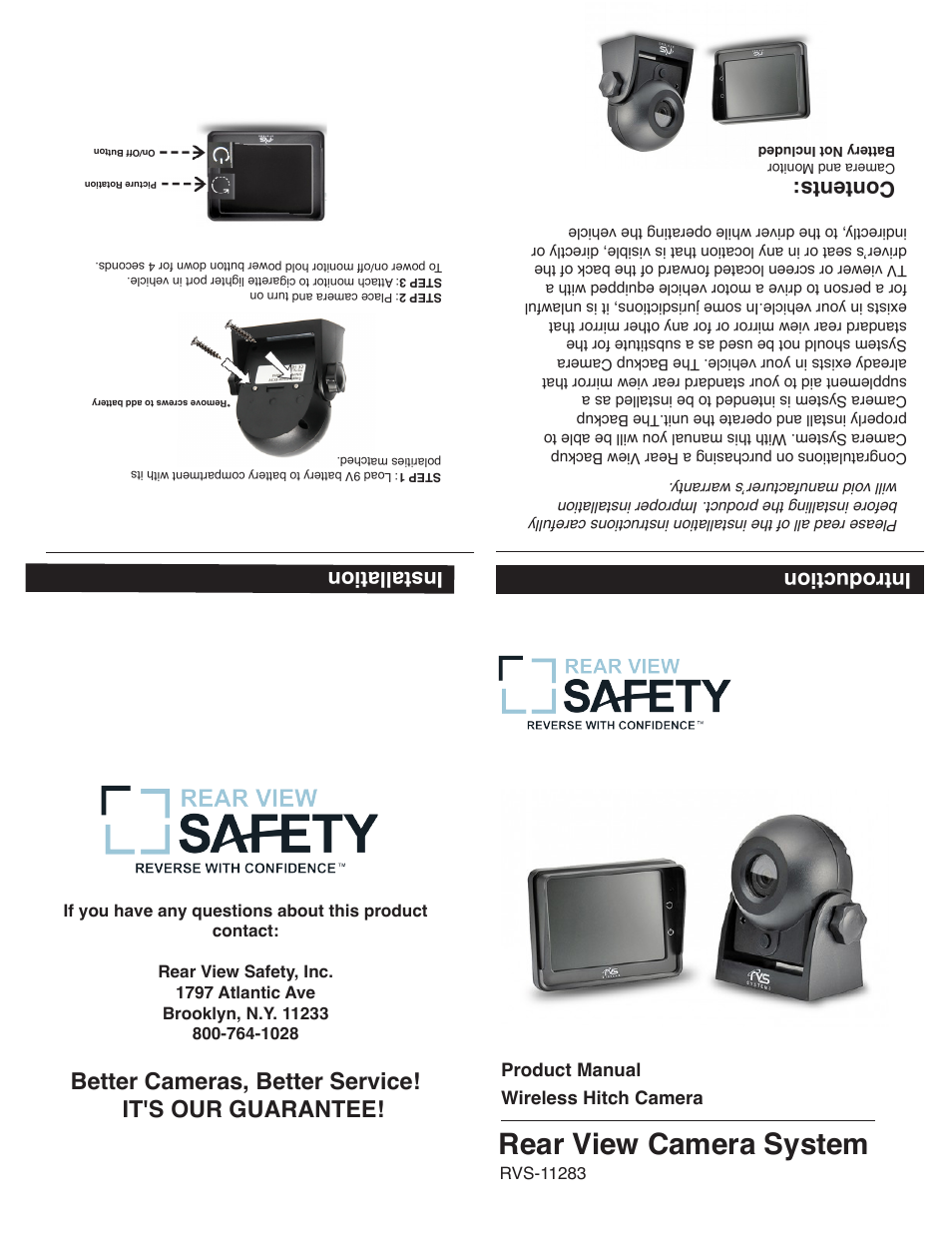 Rear view camera system, Better cameras, better service! it's our guarantee, Installation | Introduction contents | RearviewSafety RVS-11283 User Manual | Page 2 / 2