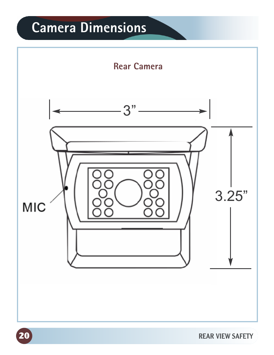 Camera dimensions 3” 3.25 | RearviewSafety RVS-7706133 User Manual | Page 20 / 27