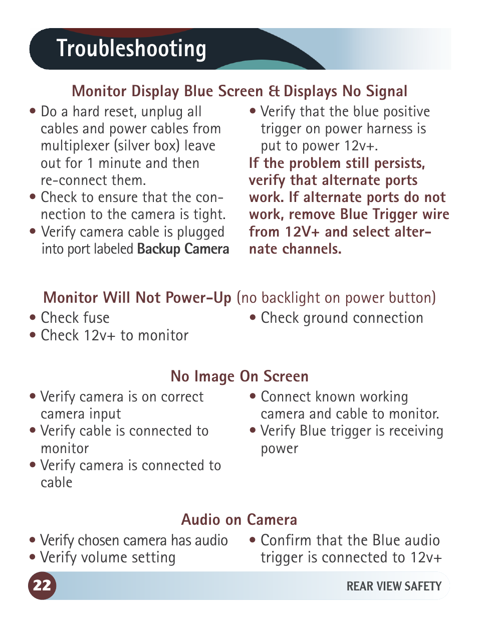 Troubleshooting | RearviewSafety RVS-7706133 User Manual | Page 22 / 27