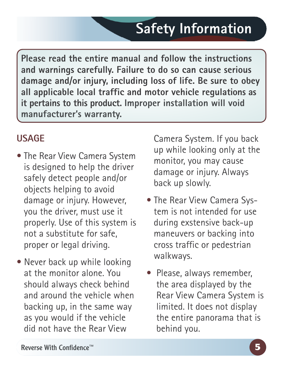 Safety information | RearviewSafety RVS-7706133 User Manual | Page 5 / 27