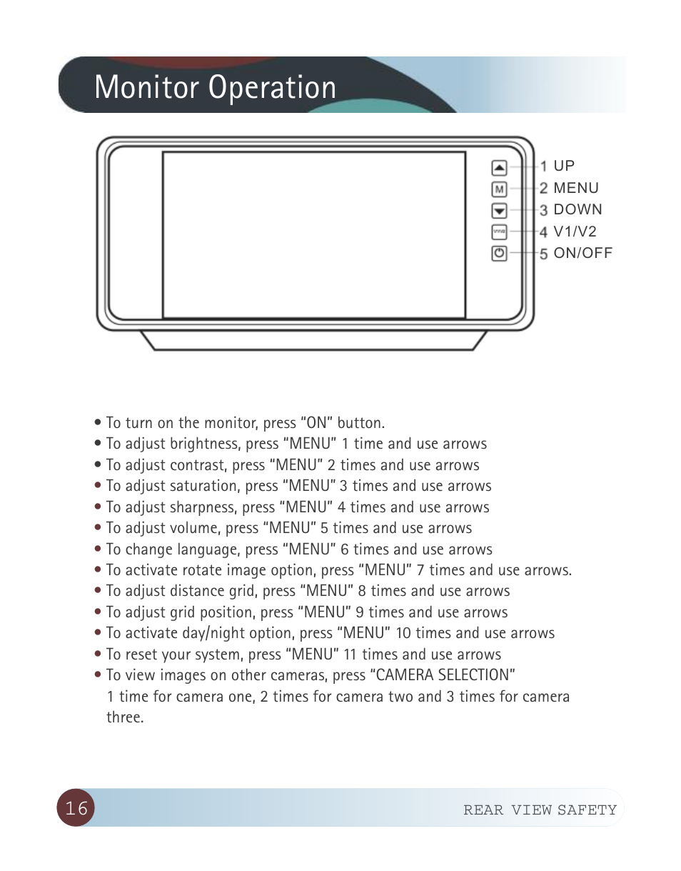 Monitor operation | RearviewSafety RVS-916619P User Manual | Page 16 / 29
