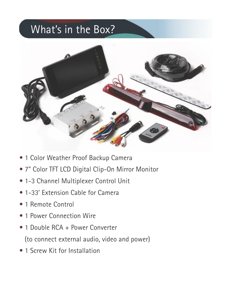 What’s in the box | RearviewSafety RVS-916619P User Manual | Page 2 / 29