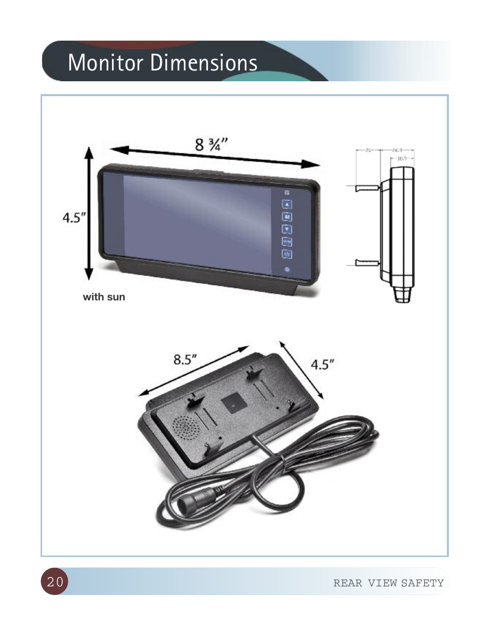 Monitor dimensions | RearviewSafety RVS-916619P User Manual | Page 20 / 29