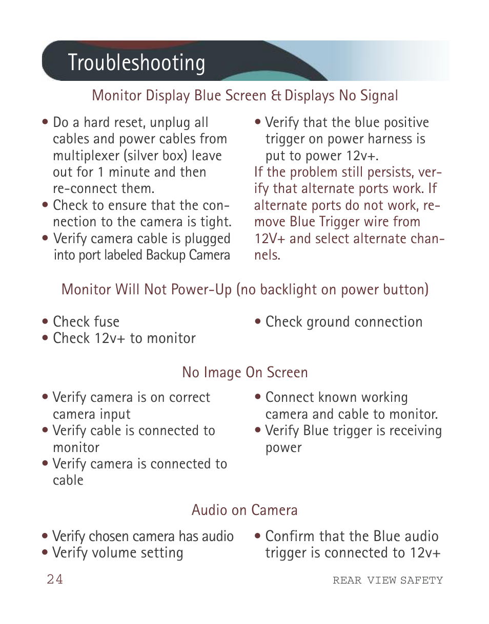 Troubleshooting | RearviewSafety RVS-916619P User Manual | Page 24 / 29