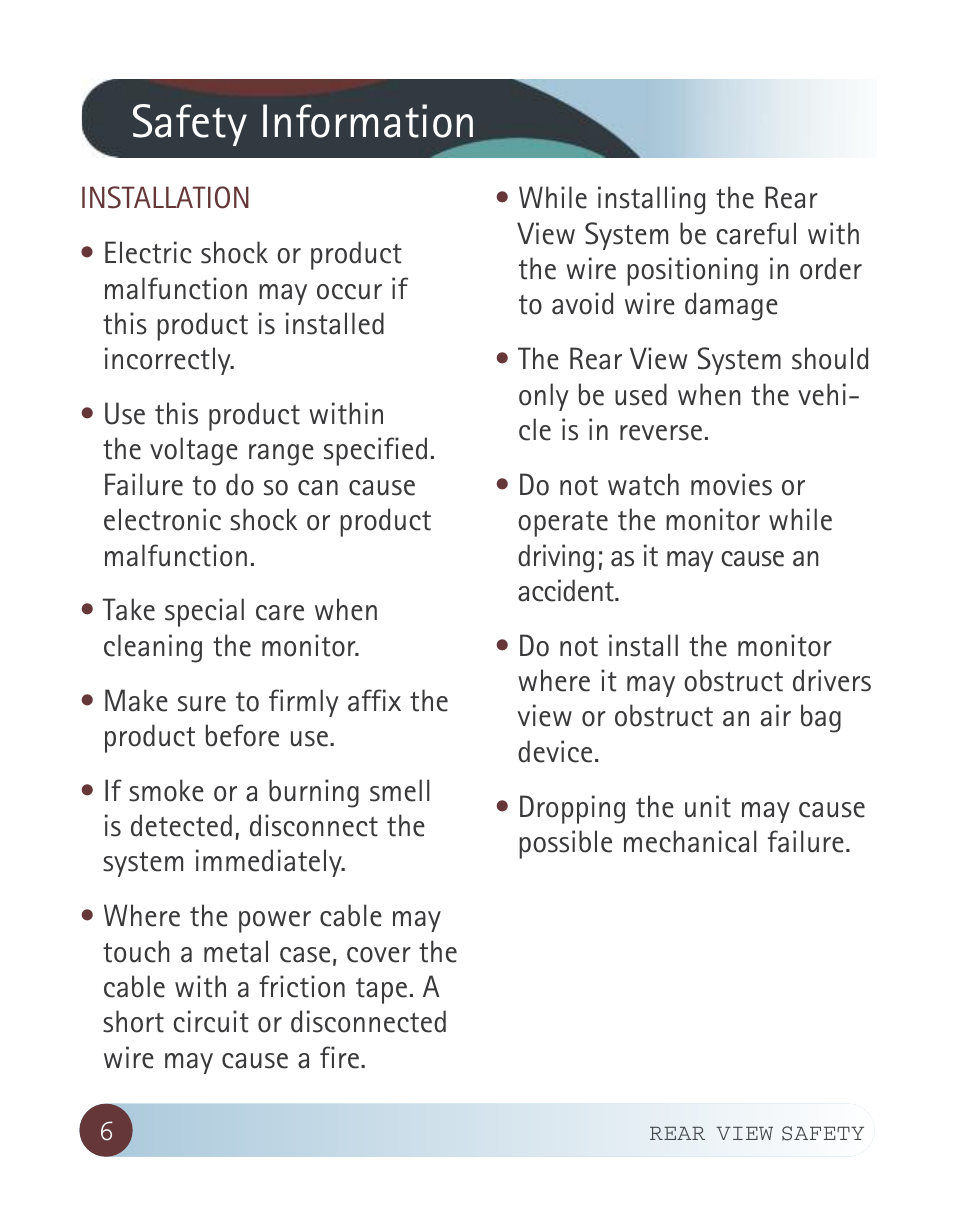 Safety information | RearviewSafety RVS-916619P User Manual | Page 6 / 29