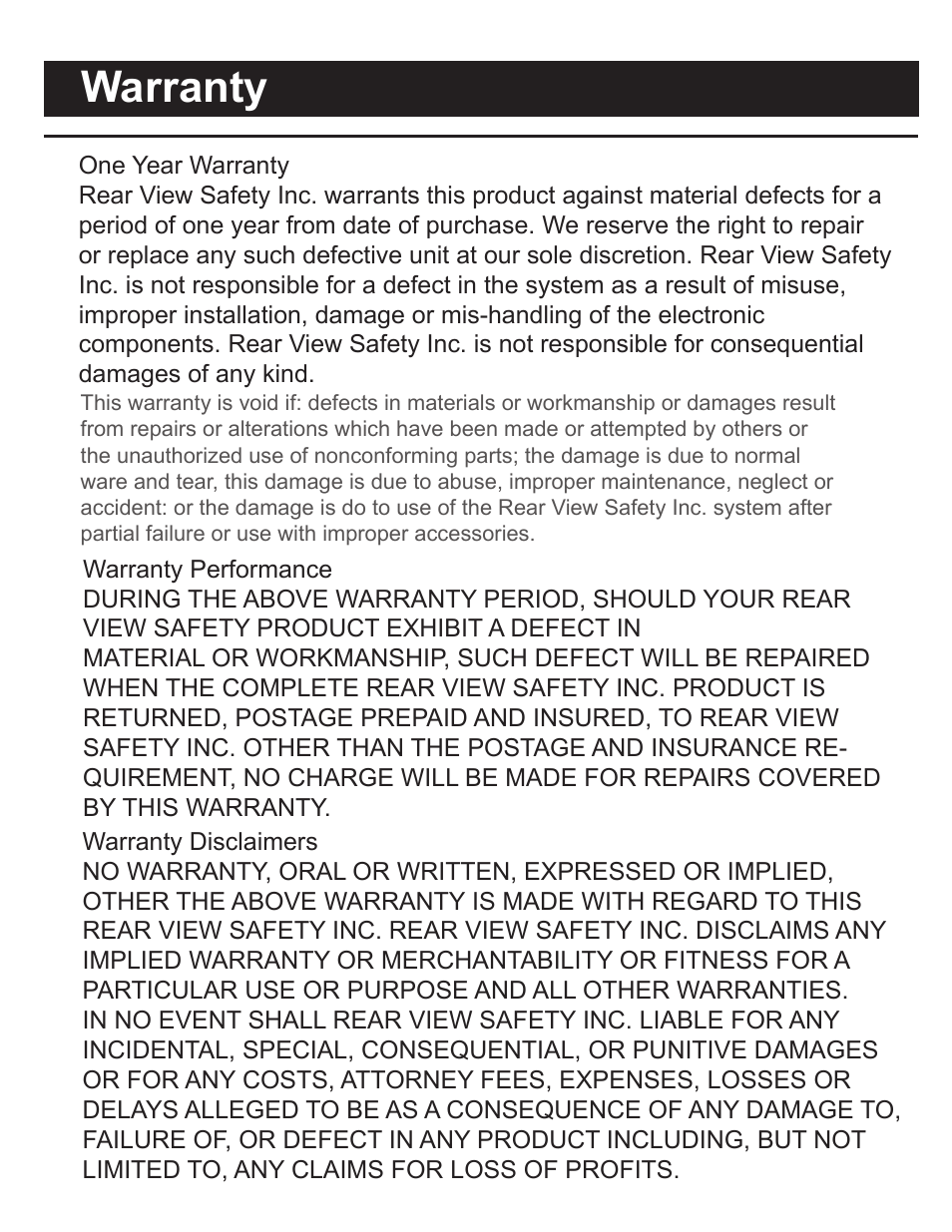 Warranty | RearviewSafety RVS-091407 User Manual | Page 15 / 16