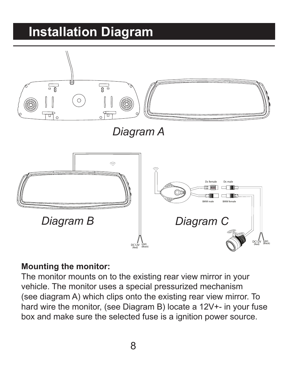 Installation diagram, Diagram a diagram b diagram c | RearviewSafety RVS-091407 User Manual | Page 7 / 16