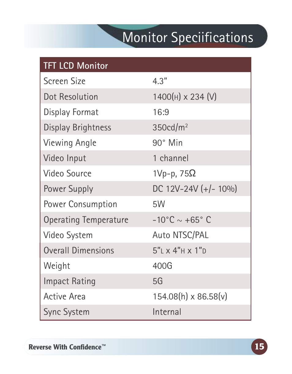 Monitor speciifications | RearviewSafety RVS-091406 User Manual | Page 15 / 22