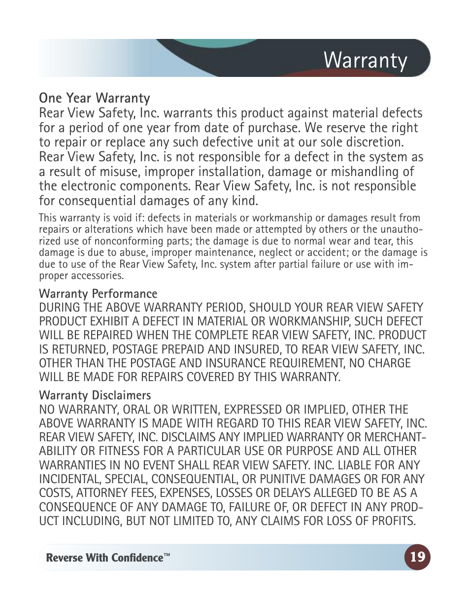 Warranty | RearviewSafety RVS-091406 User Manual | Page 19 / 22