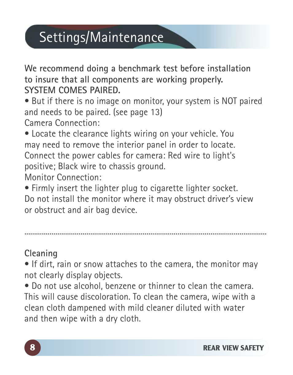 Settings/maintenance | RearviewSafety RVS-091406 User Manual | Page 8 / 22
