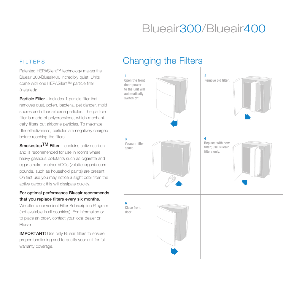 Changing the filters | Blueair HEPASILENT 300 User Manual | Page 6 / 12