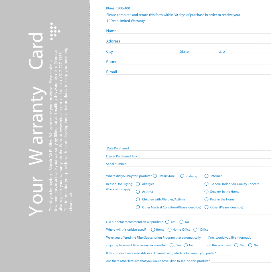 9our 7 ar ran ty # ar d | Blueair HEPASILENT 300 User Manual | Page 9 / 12