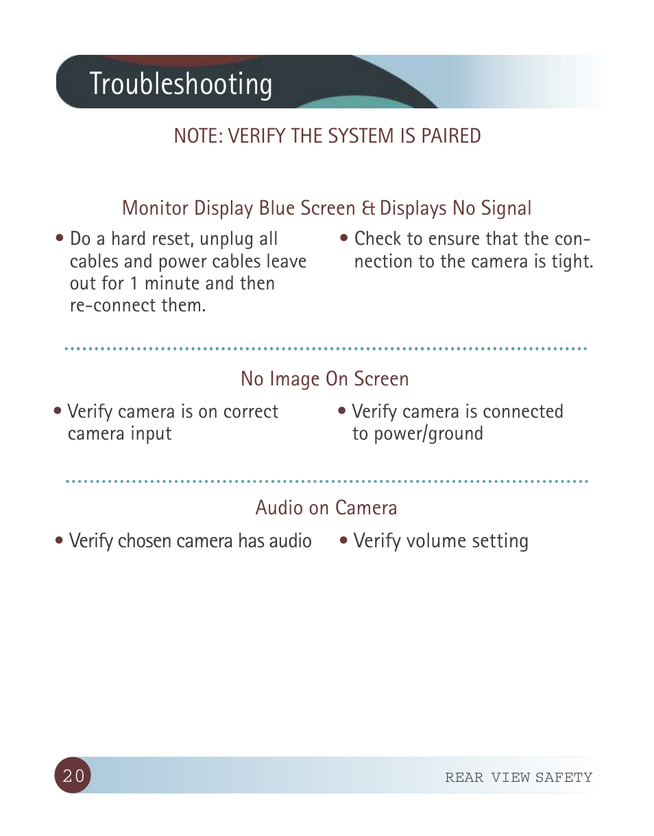 Troubleshooting | RearviewSafety RVS-CW-CAM User Manual | Page 20 / 23