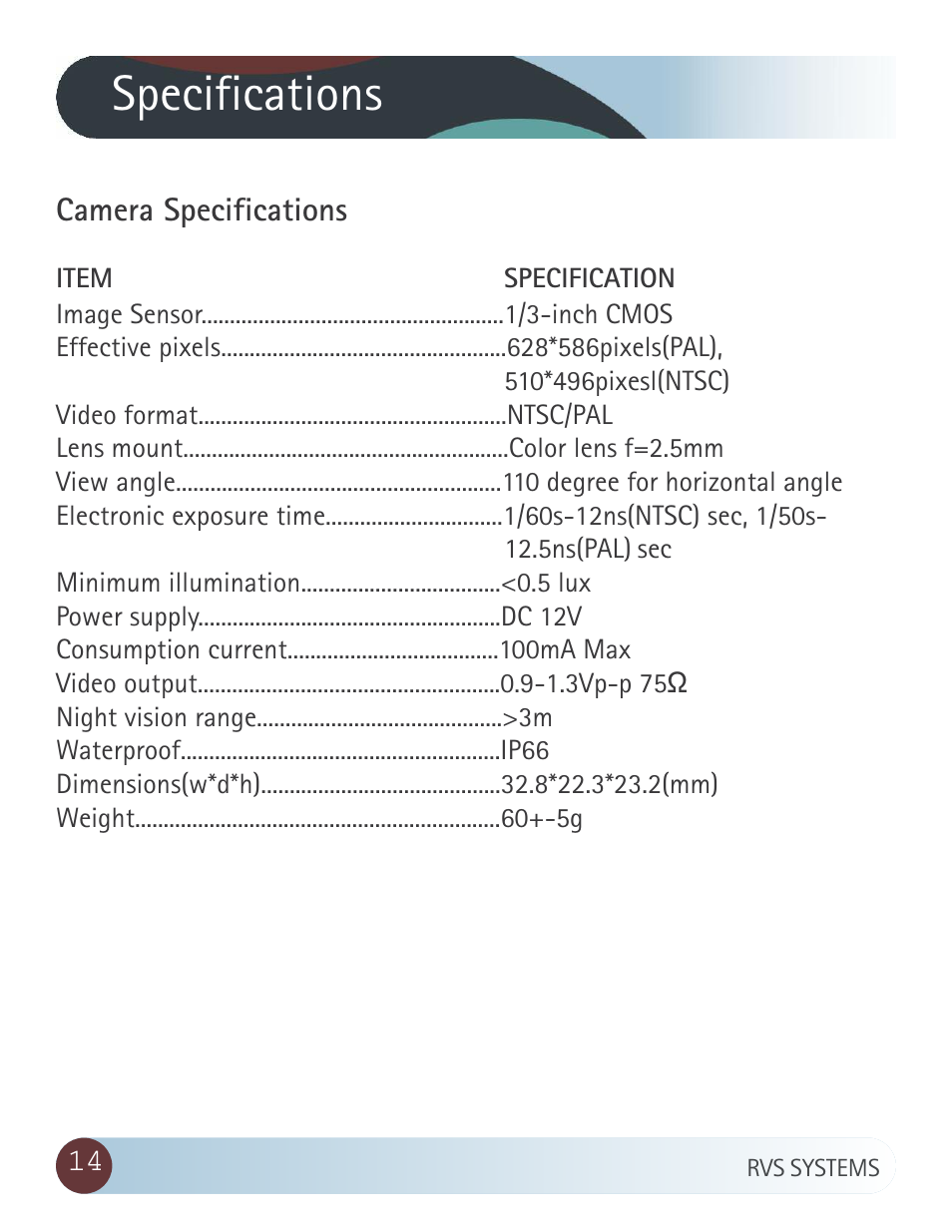 Specifications | RearviewSafety RVS-020813 User Manual | Page 14 / 18