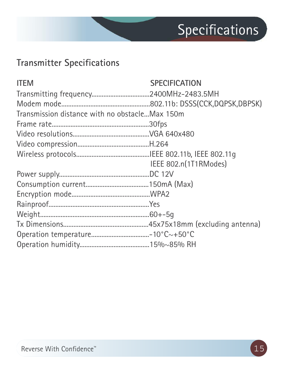 Specifications, Transmitter specifications | RearviewSafety RVS-020813 User Manual | Page 15 / 18