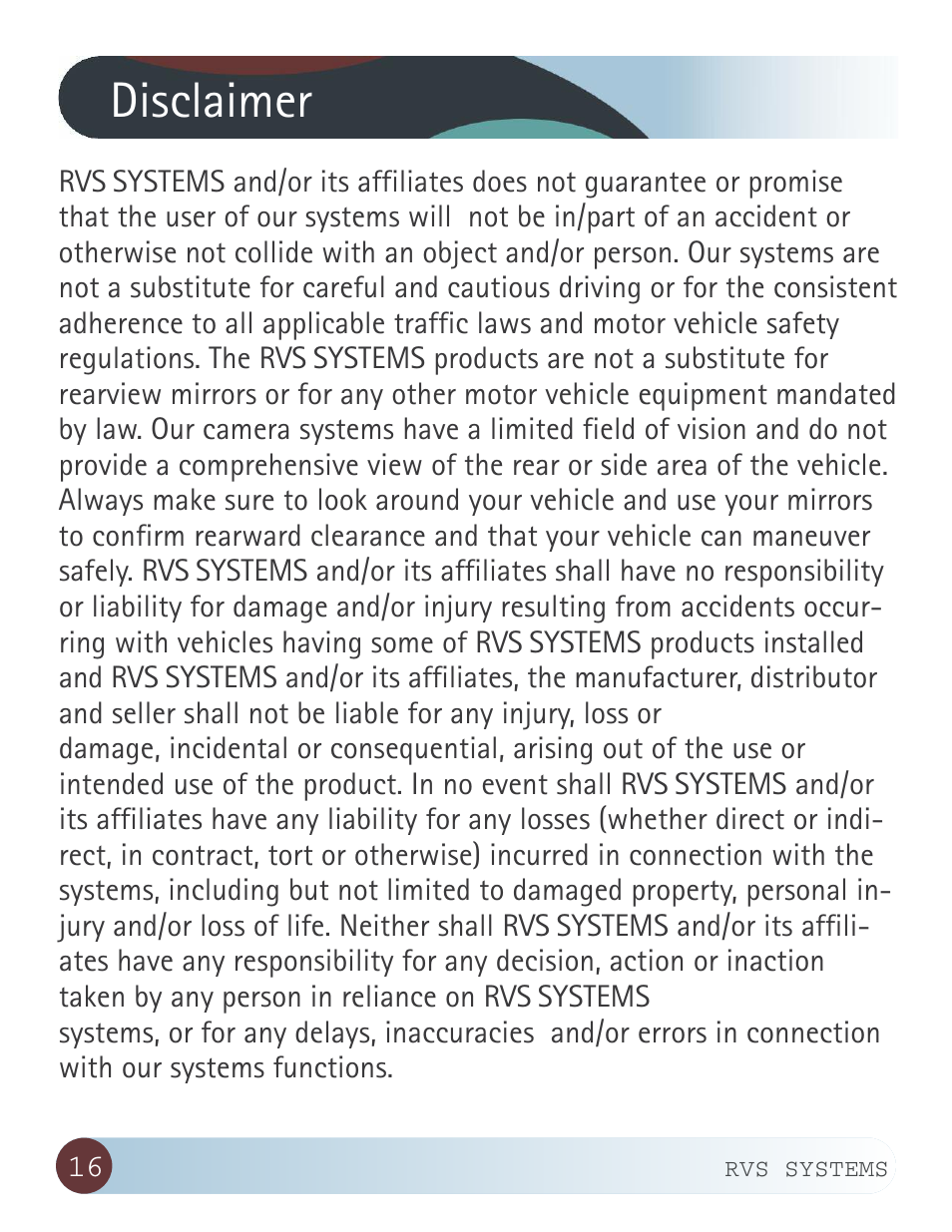 Disclaimer | RearviewSafety RVS-020813 User Manual | Page 16 / 18