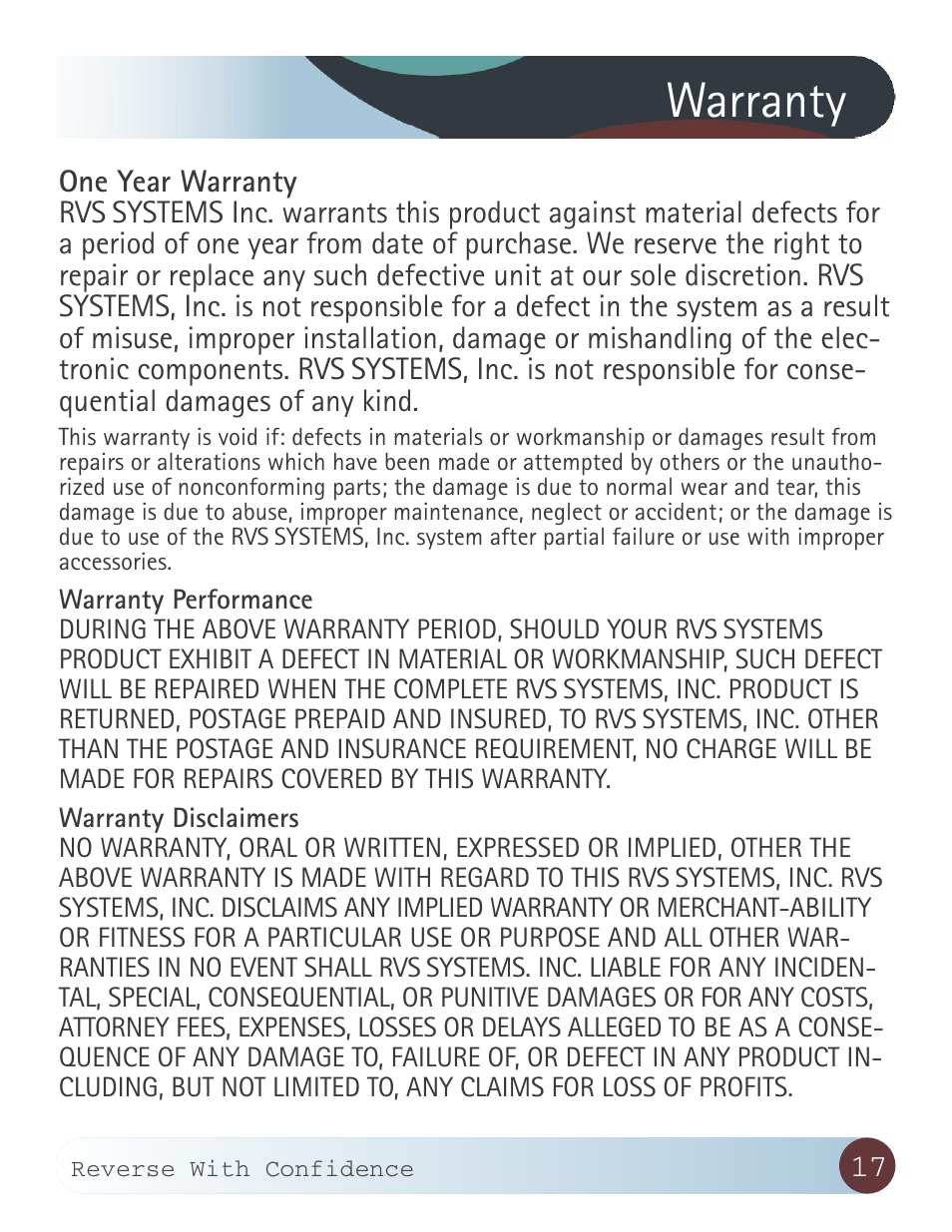 Warranty | RearviewSafety RVS-020813 User Manual | Page 17 / 18