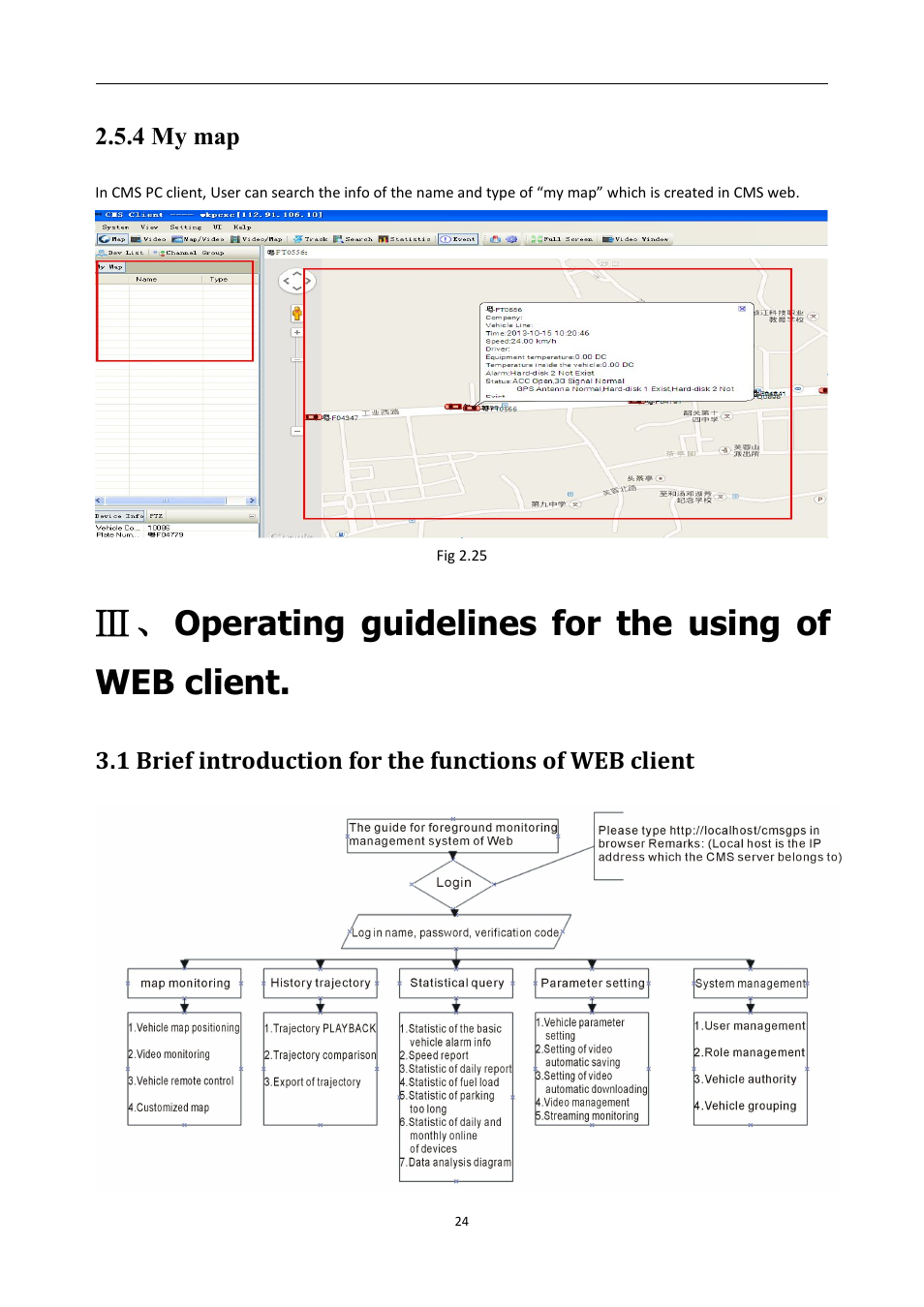 4mymap, Operatingguidelinesfortheusingofwebclient, 1briefintroductionforthefunctionsofwebcl | 4 my map, Operating guidelines for the using of web client | RearviewSafety RVS-MDVR User Manual | Page 25 / 72