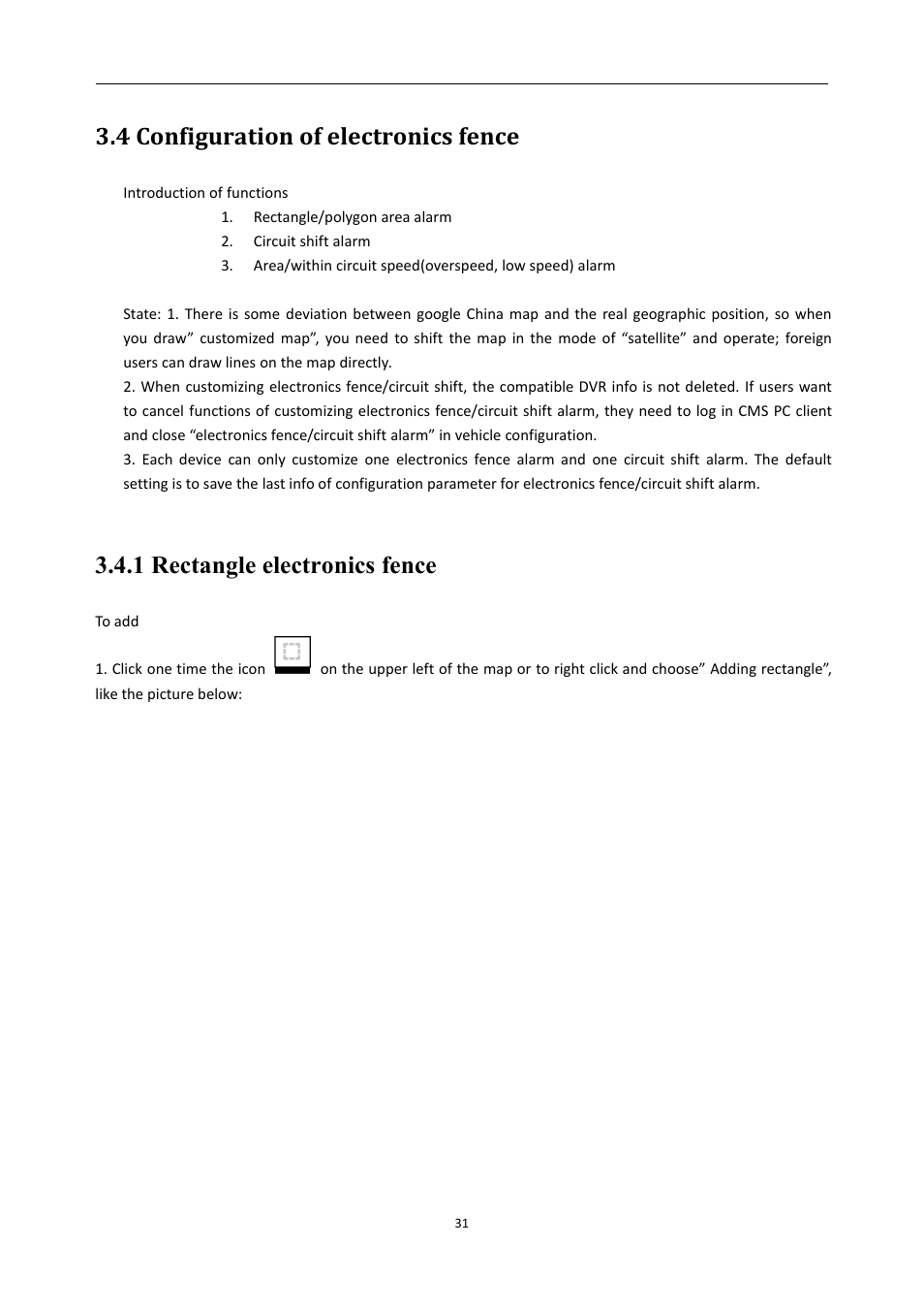 4configurationofelectronicsfence, 1rectangleelectronicsfence, 4 configuration of electronics fence | 1 rectangle electronics fence | RearviewSafety RVS-MDVR User Manual | Page 32 / 72