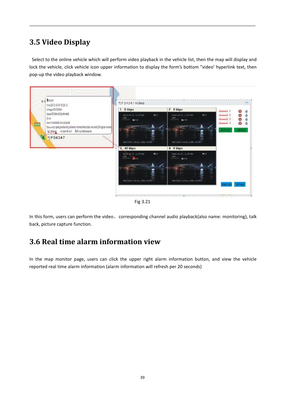 5videodisplay, 6realtimealarminformationview, 5 video display | 6 real time alarm information view | RearviewSafety RVS-MDVR User Manual | Page 40 / 72