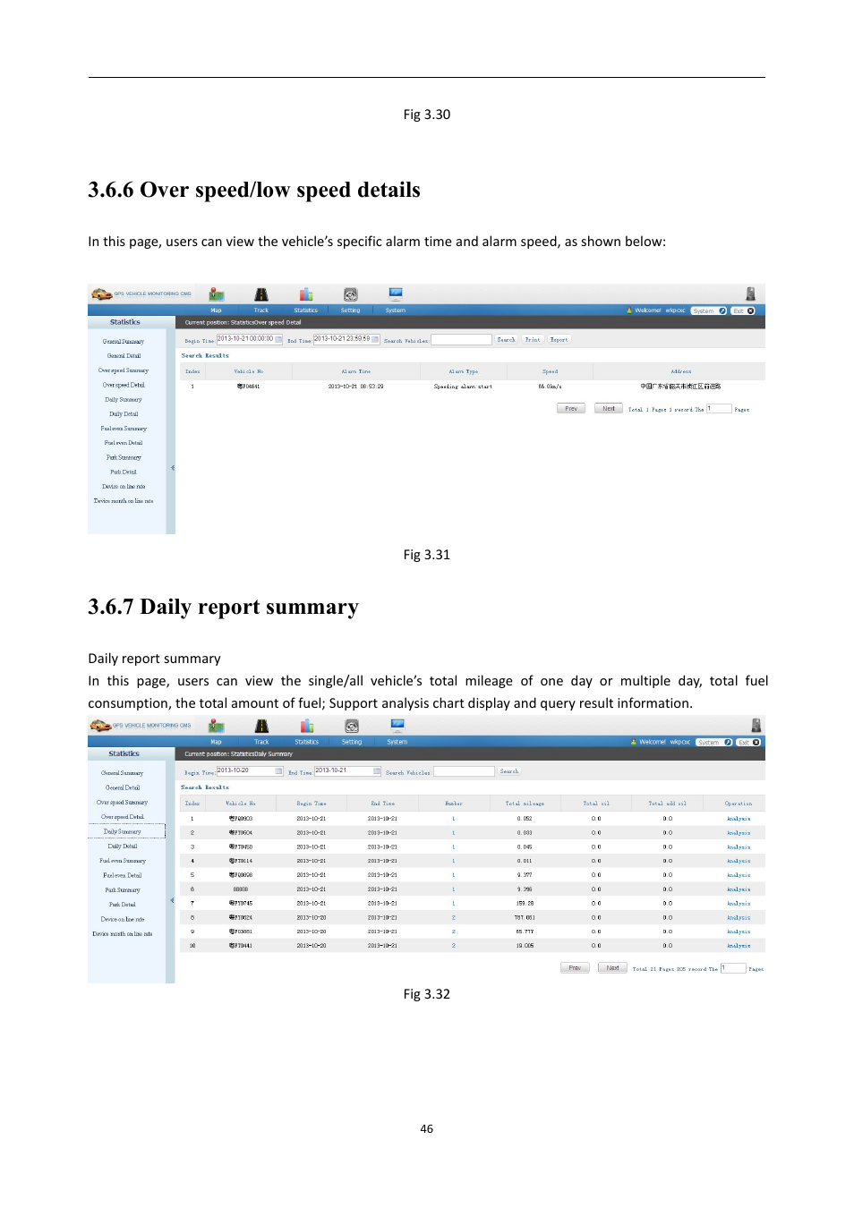 6overspeed/lowspeeddetails, 7dailyreportsummary, 6 over speed/low speed details | 7 daily report summary | RearviewSafety RVS-MDVR User Manual | Page 47 / 72