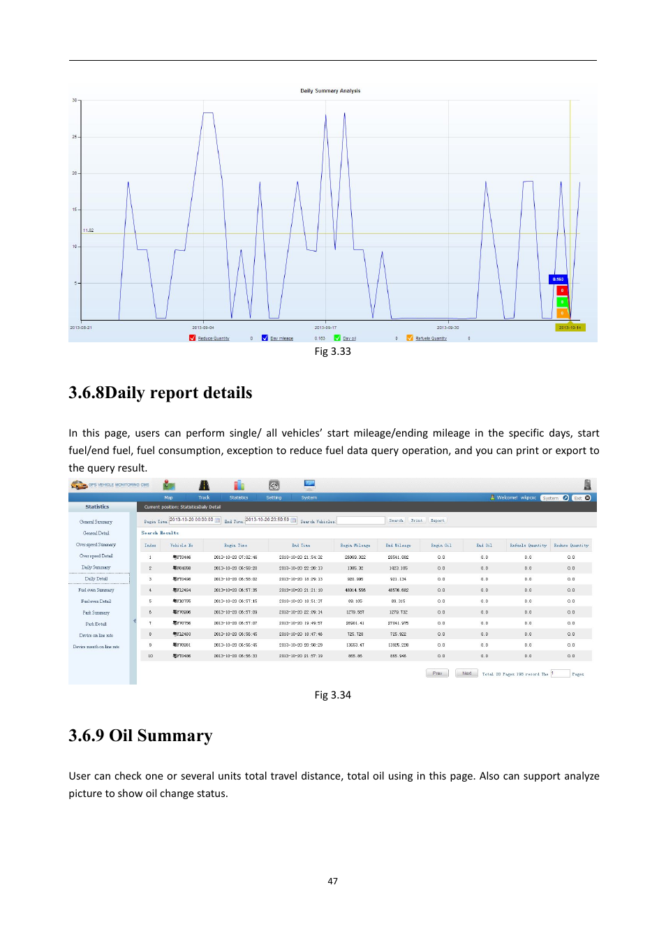 8dailyreportdetails, 9oilsummary, 8daily report details 3.6.9 oil summary | 8daily report details, 9 oil summary | RearviewSafety RVS-MDVR User Manual | Page 48 / 72