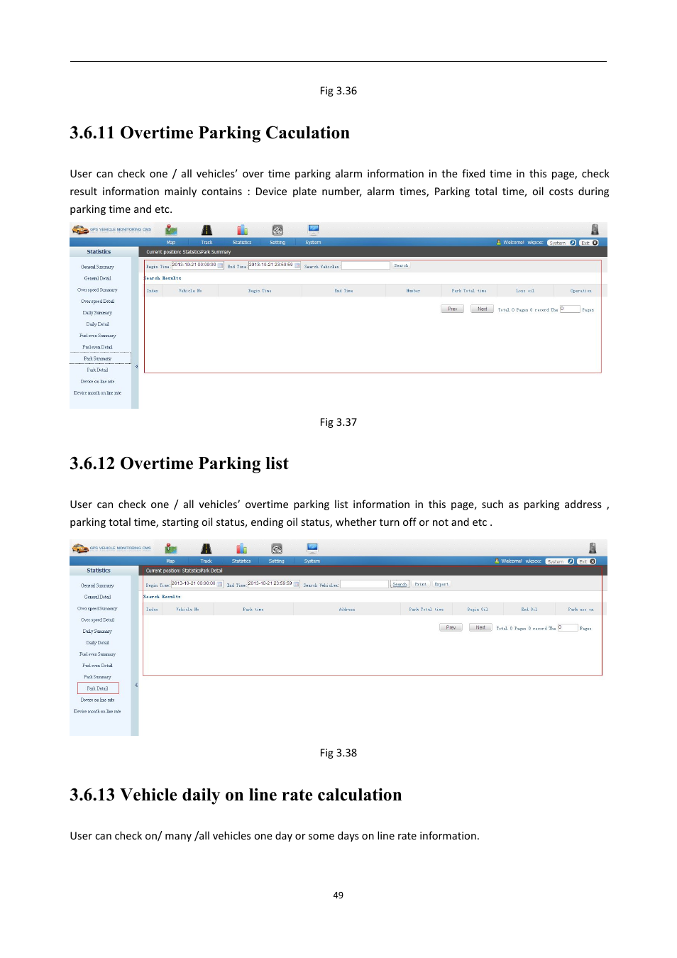 11overtimeparkingcaculation, 12overtimeparkinglist, 13vehicledailyonlineratecalculation | 11 overtime parking caculation, 12 overtime parking list, 13 vehicle daily on line rate calculation | RearviewSafety RVS-MDVR User Manual | Page 50 / 72