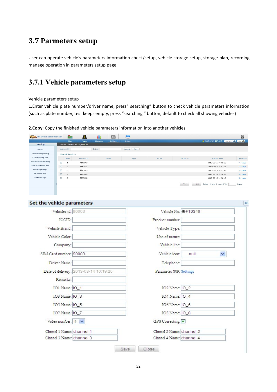 7parmeterssetup, 1vehicleparameterssetup, 7 parmeters setup | 1 vehicle parameters setup | RearviewSafety RVS-MDVR User Manual | Page 53 / 72