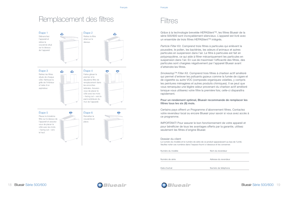 Remplacement des filtres, Filtres | Blueair 500 User Manual | Page 10 / 11