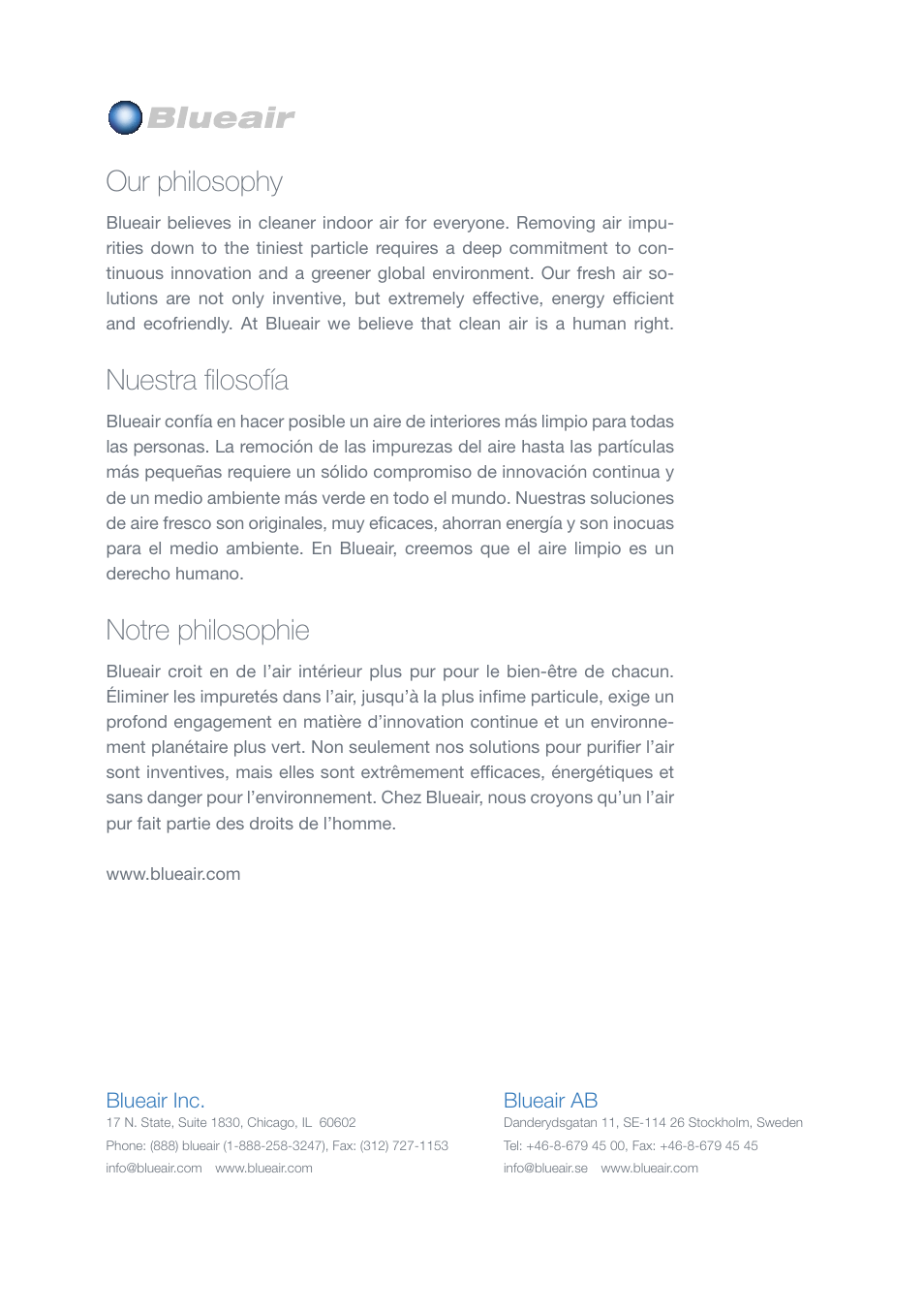 Our philosophy, Nuestra filosofía, Notre philosophie | Blueair 500 User Manual | Page 11 / 11