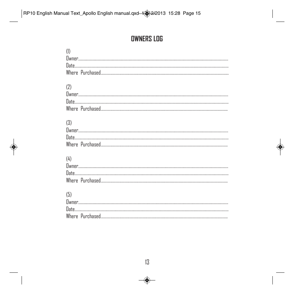Owners log | Rega RP10 User Manual | Page 16 / 20