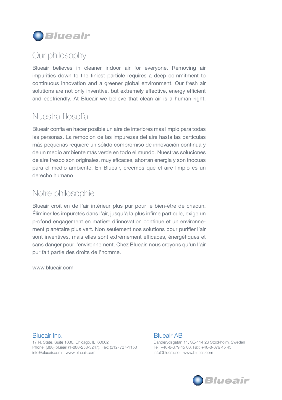 Our philosophy, Nuestra filosofía, Notre philosophie | Blueair 300 User Manual | Page 20 / 20