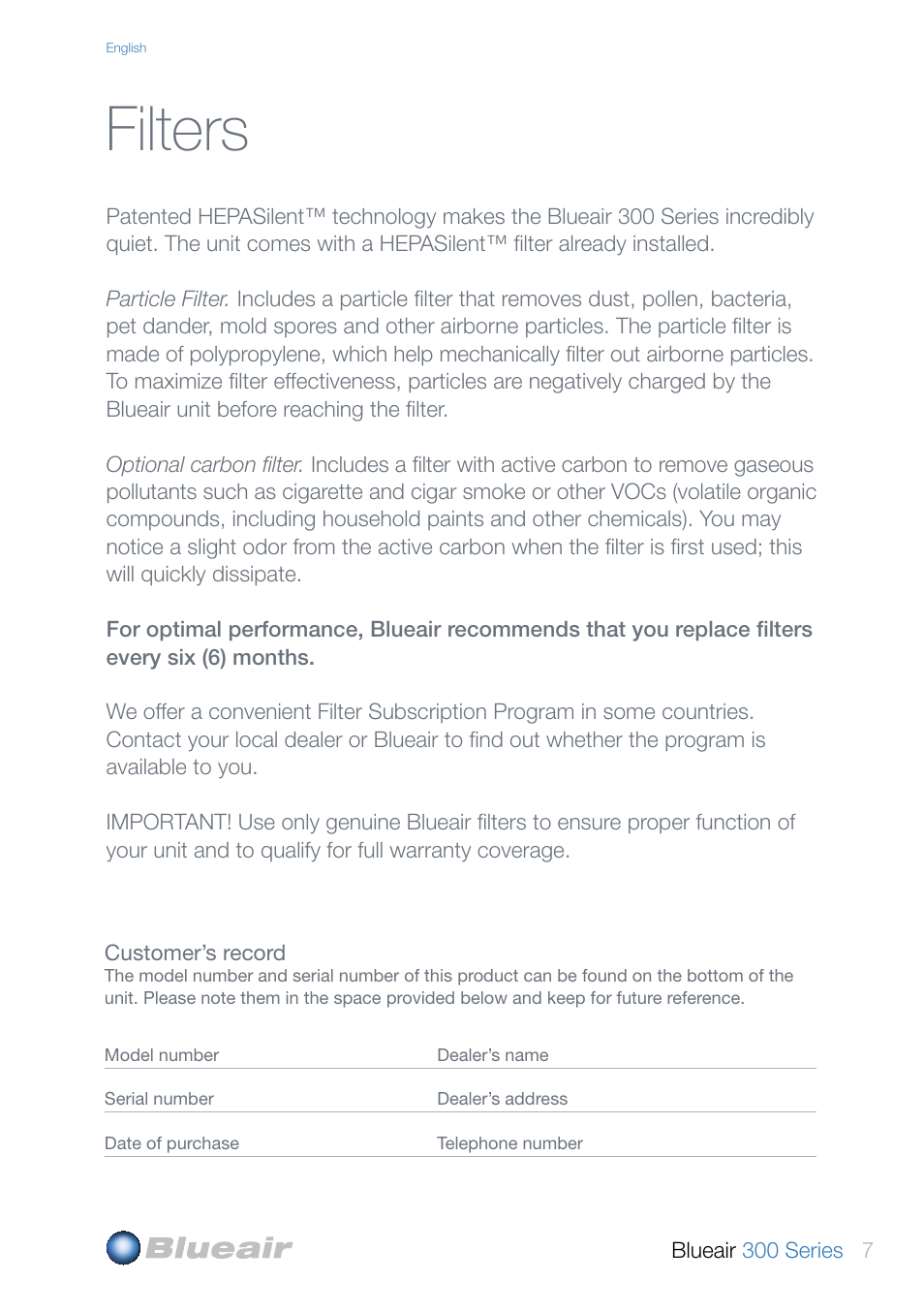 Filters | Blueair 300 User Manual | Page 7 / 20
