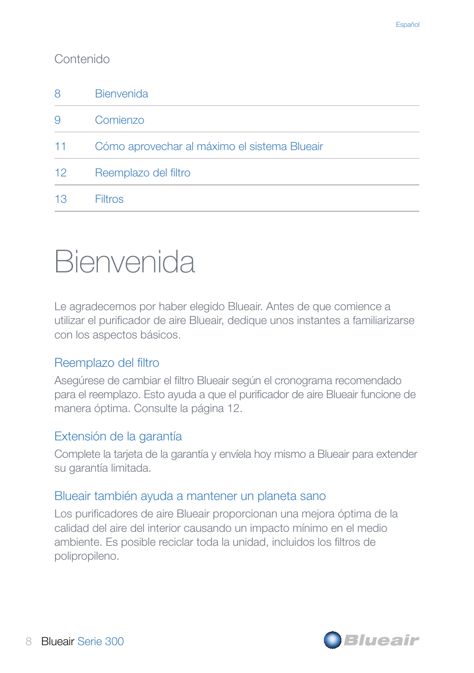 Bienvenida | Blueair 300 User Manual | Page 8 / 20