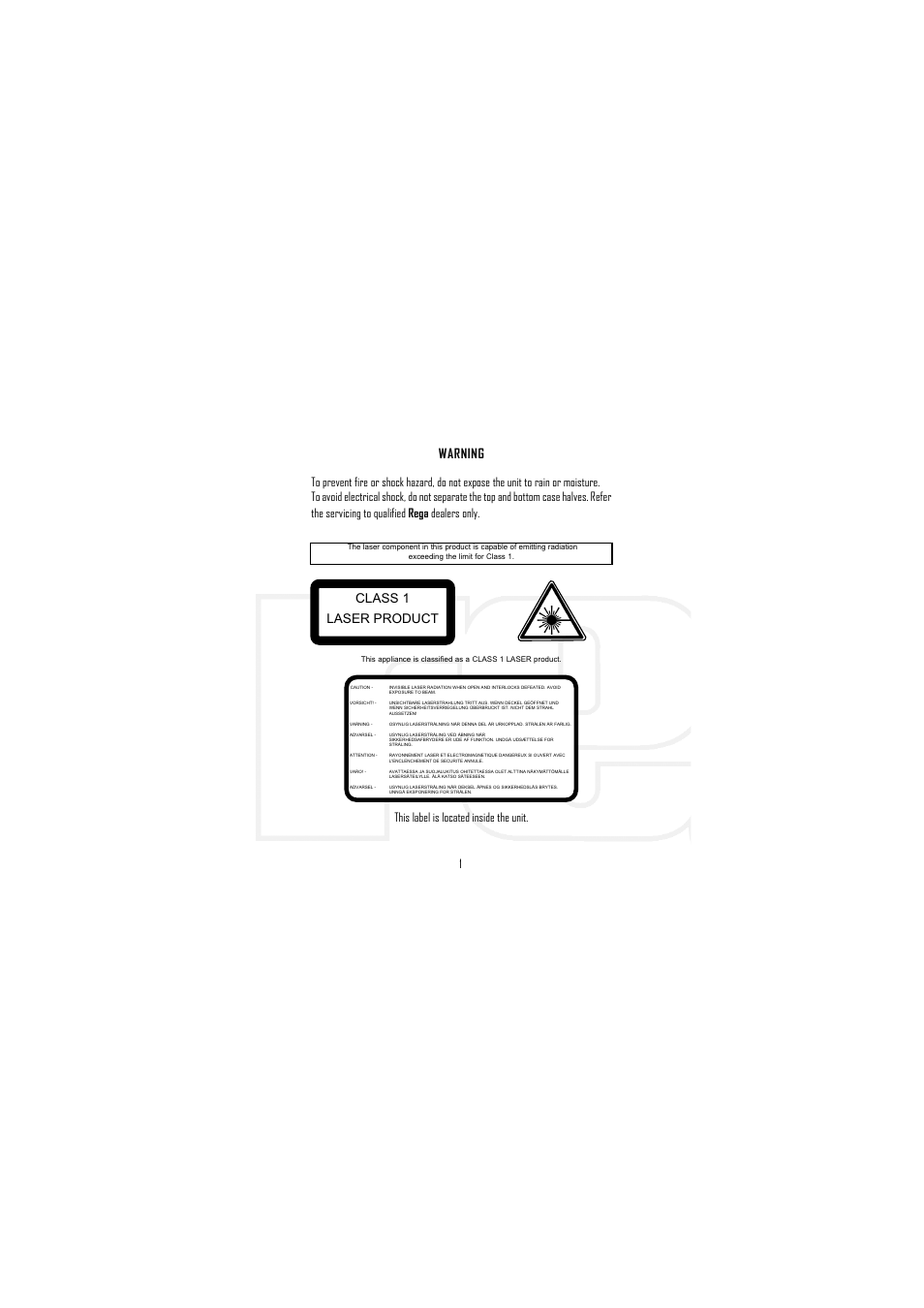 Warning, Class 1 laser product, This label is located inside the unit | Rega Apollo-R User Manual | Page 2 / 24