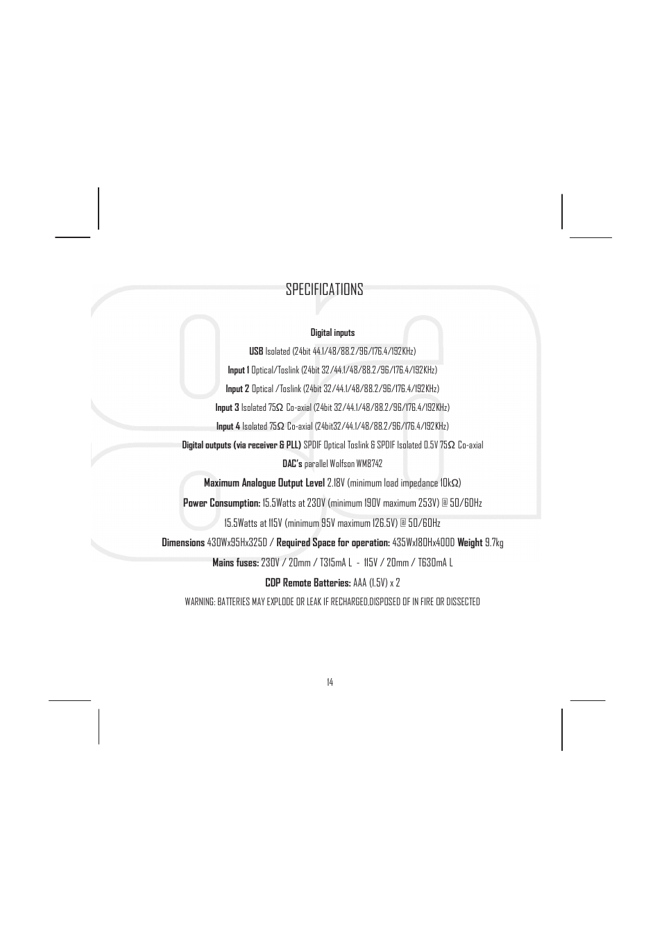 Specifications | Rega Saturn-R User Manual | Page 19 / 24
