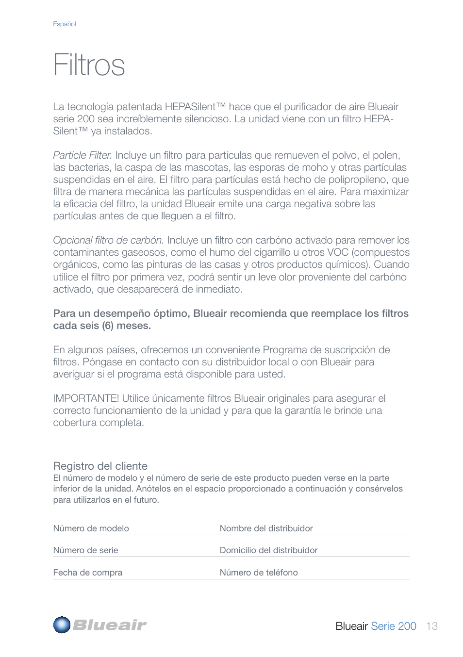 Filtros | Blueair 200 SERIES User Manual | Page 13 / 20