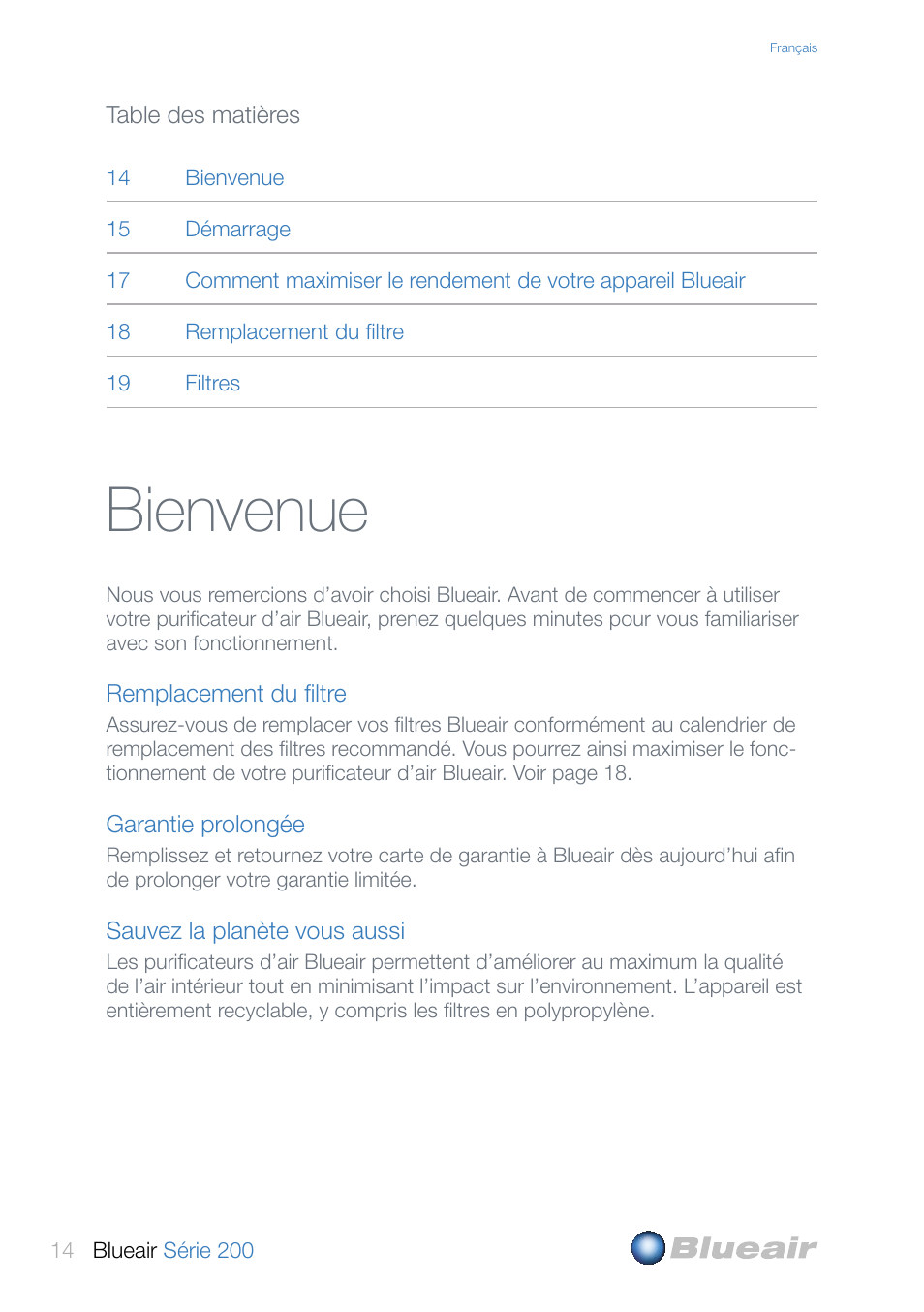 Bienvenue | Blueair 200 SERIES User Manual | Page 14 / 20