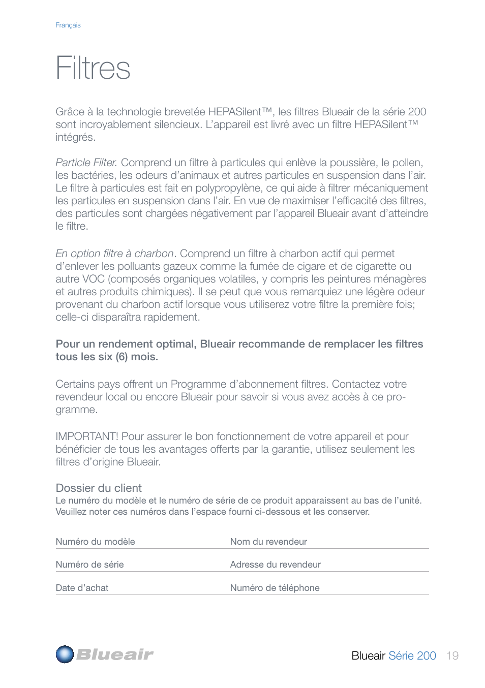 Filtres | Blueair 200 SERIES User Manual | Page 19 / 20
