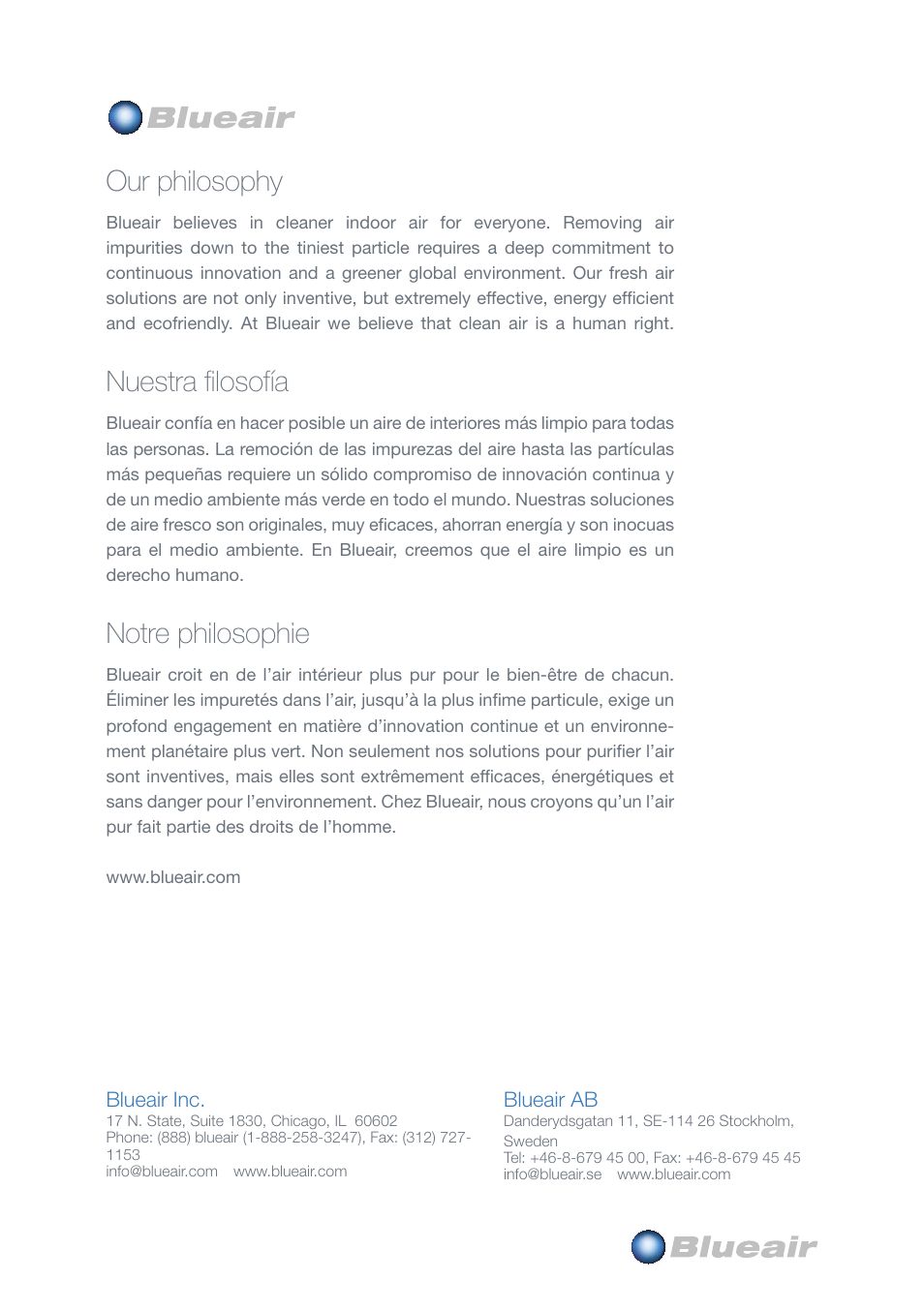 Our philosophy, Nuestra filosofía, Notre philosophie | Blueair 200 SERIES User Manual | Page 20 / 20