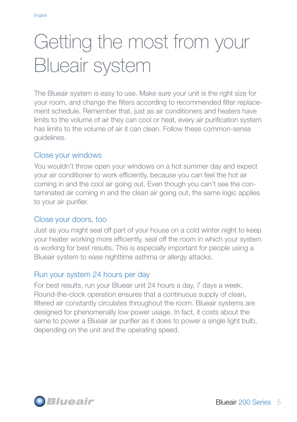 Getting the most from your blueair system | Blueair 200 SERIES User Manual | Page 5 / 20