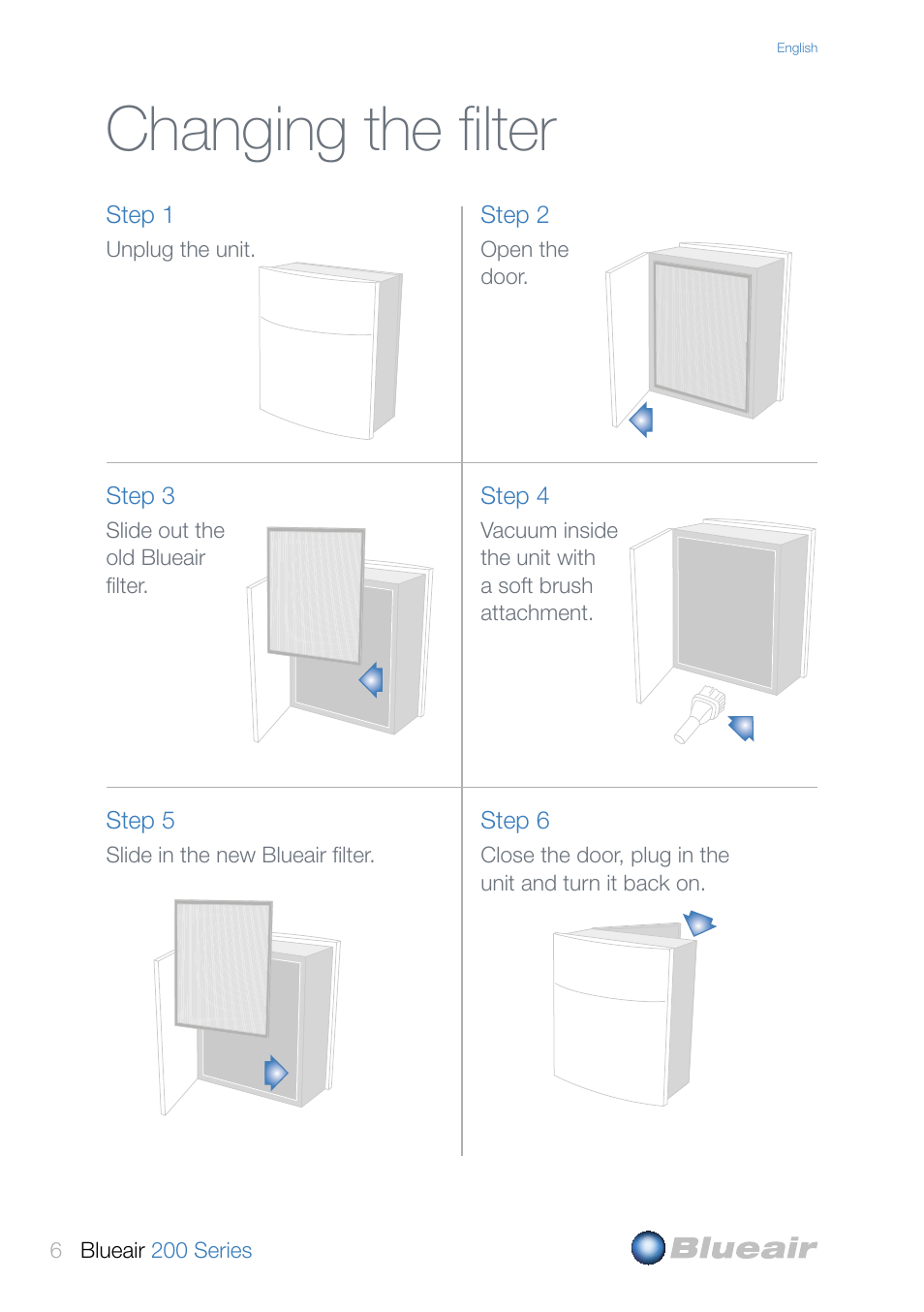 Changing the filter | Blueair 200 SERIES User Manual | Page 6 / 20