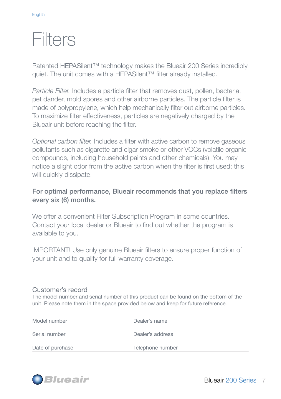 Filters | Blueair 200 SERIES User Manual | Page 7 / 20
