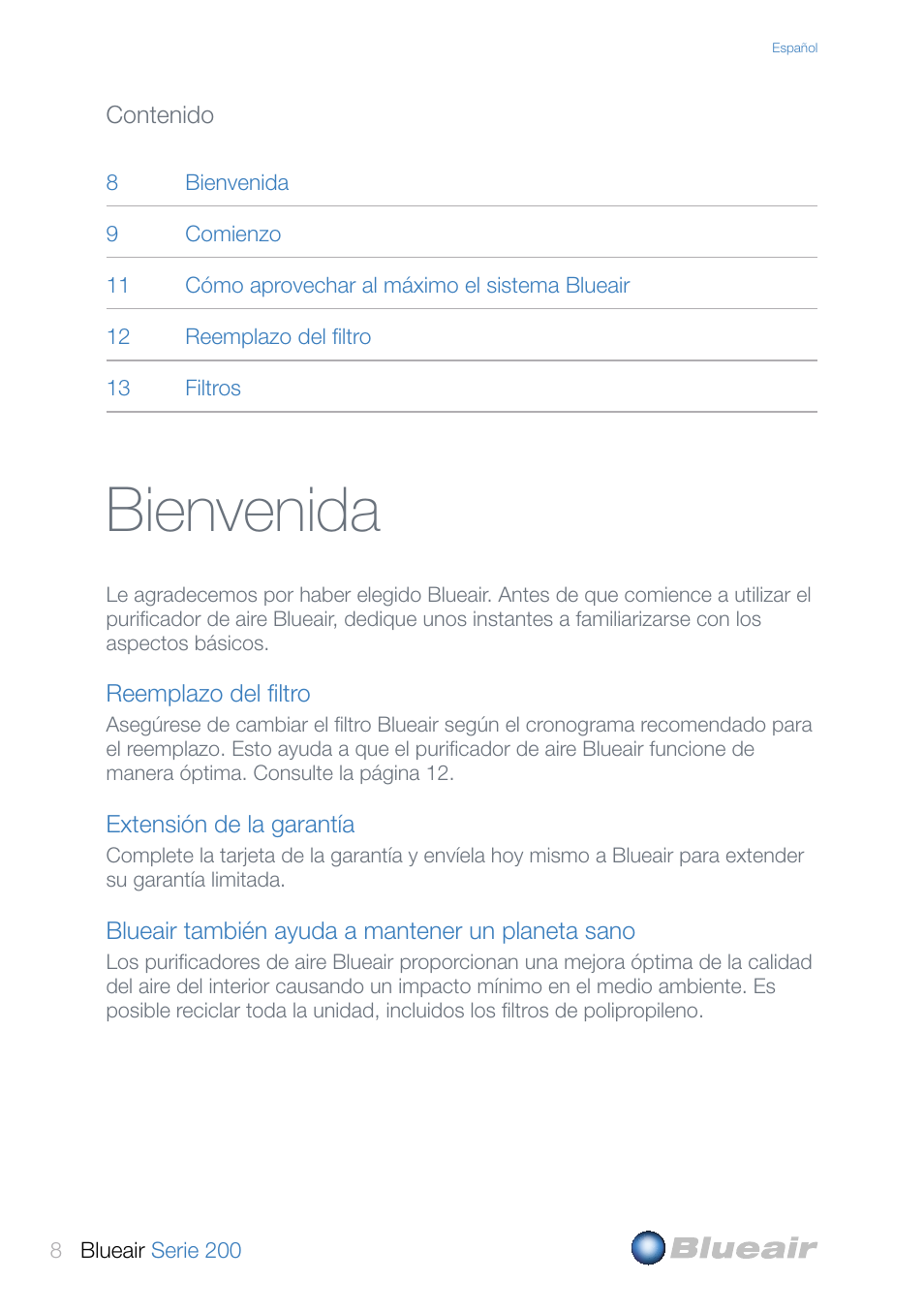 Bienvenida | Blueair 200 SERIES User Manual | Page 8 / 20