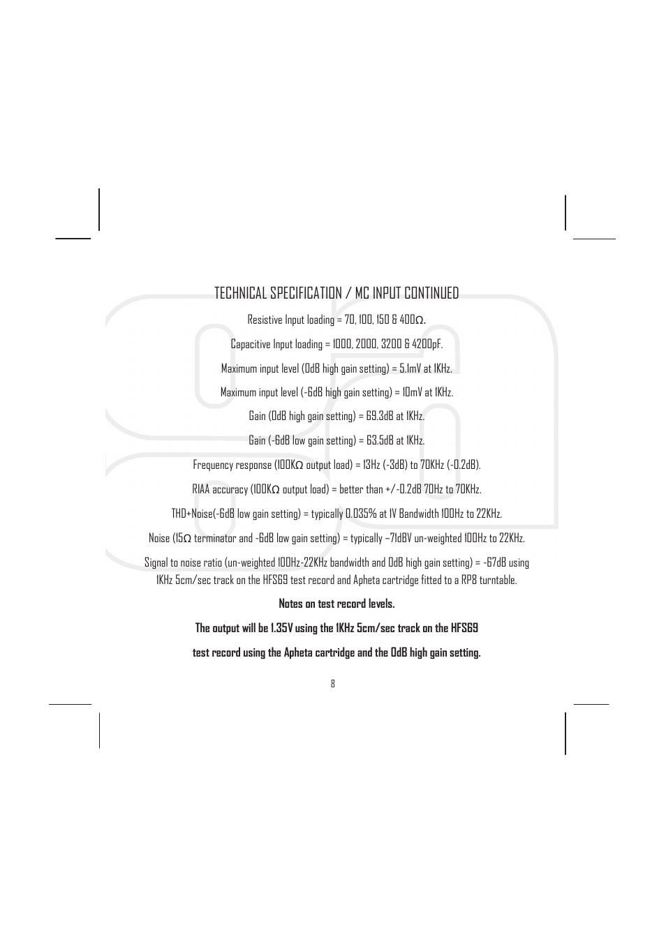 Technical specification / mc input continued | Rega Aria User Manual | Page 11 / 16