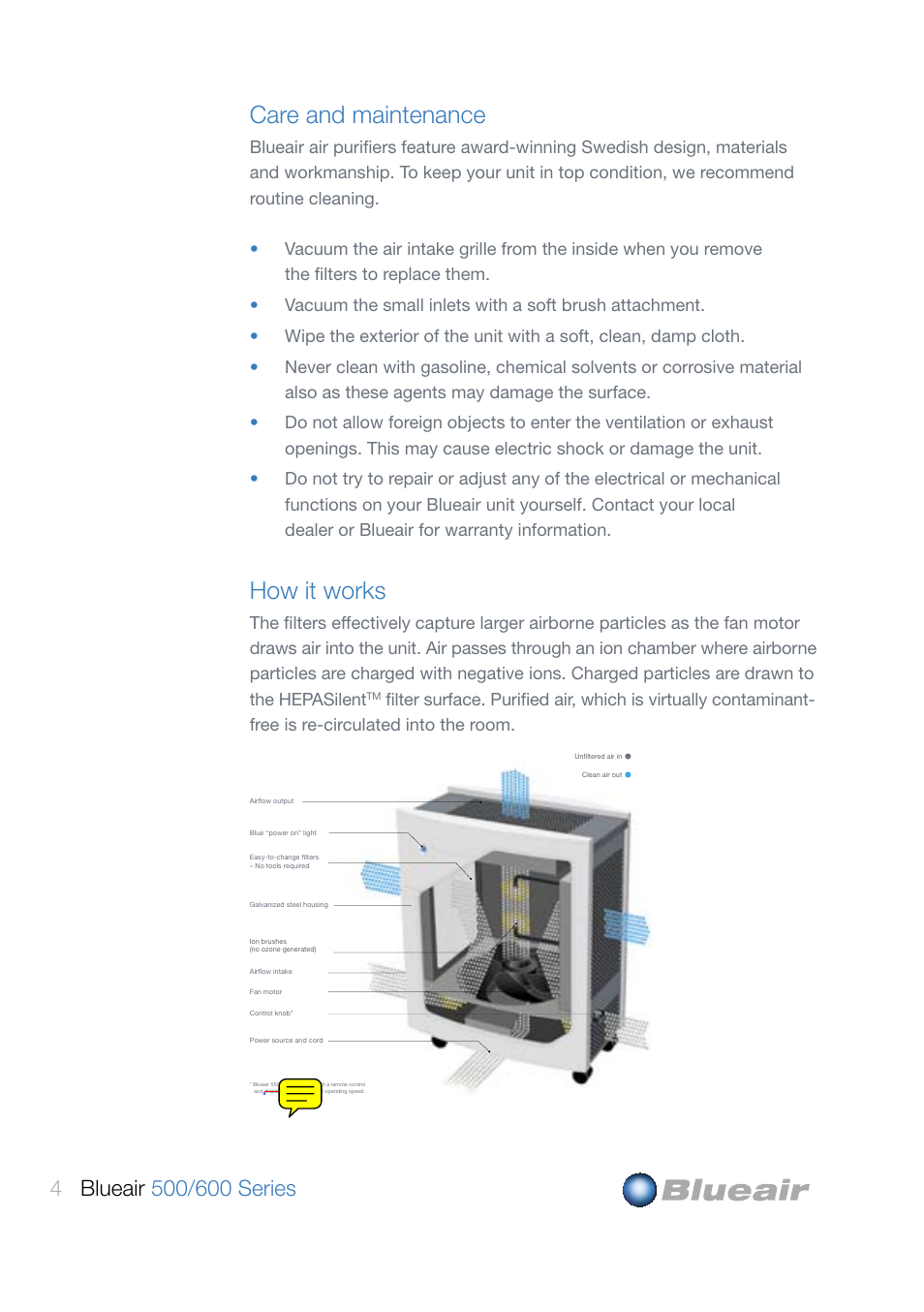 Care and maintenance, How it works | Blueair 600 User Manual | Page 4 / 8