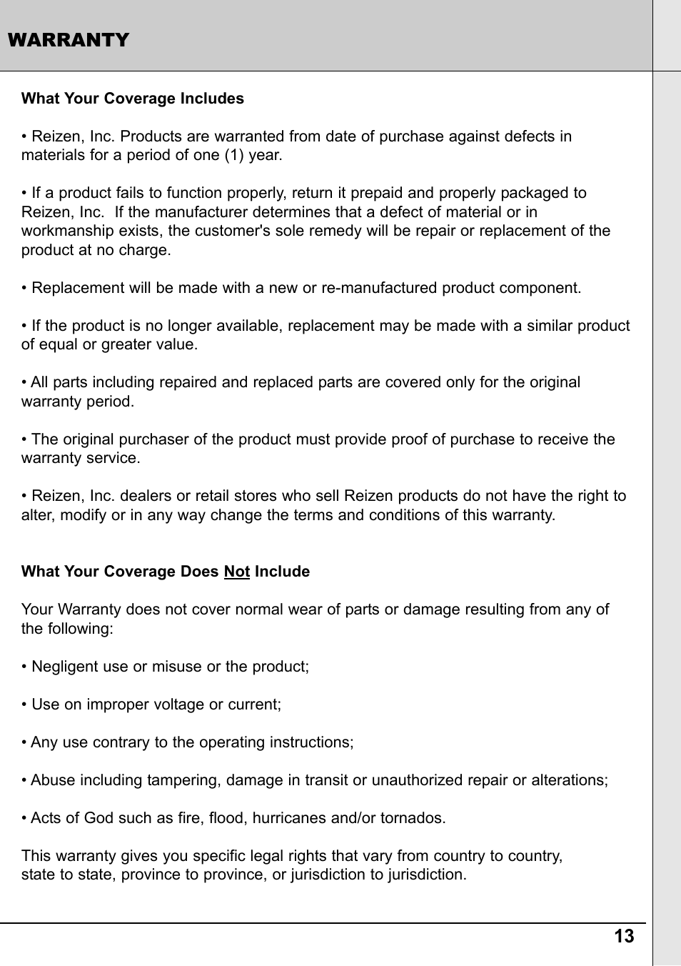 Warranty | Reizen RE-40 Amplified Telephone User Manual | Page 13 / 16